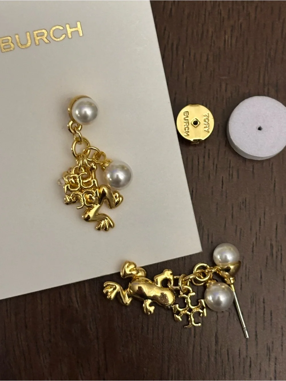 Brand new Tory Burch Gold plated Frog Drop Earrings with White Pearls